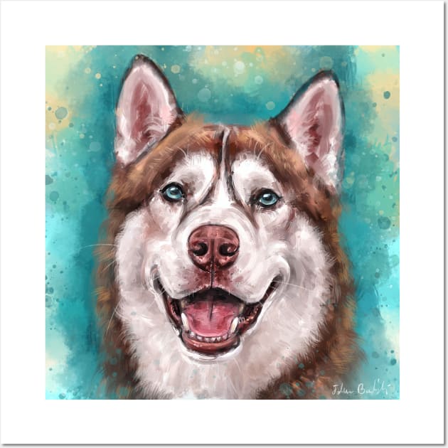 Brown and White Siberian Husky Smiling on Blue background Wall Art by ibadishi